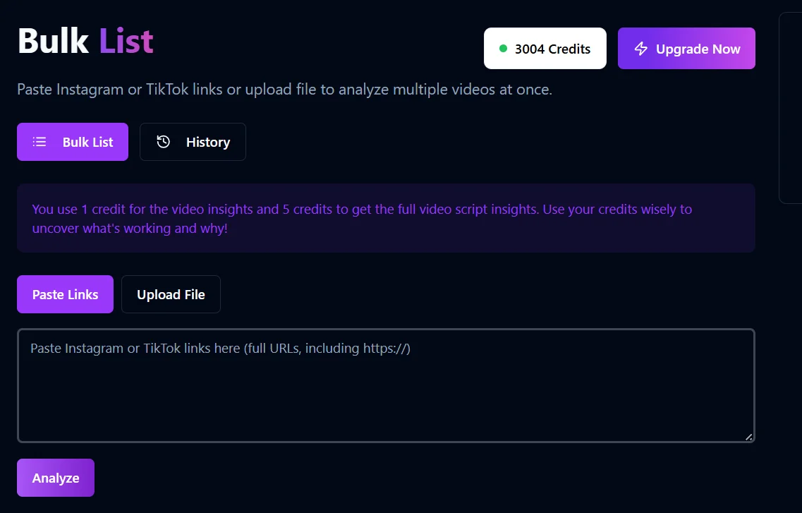Bulk List - Analyze multiple Instagram and TikTok videos at once