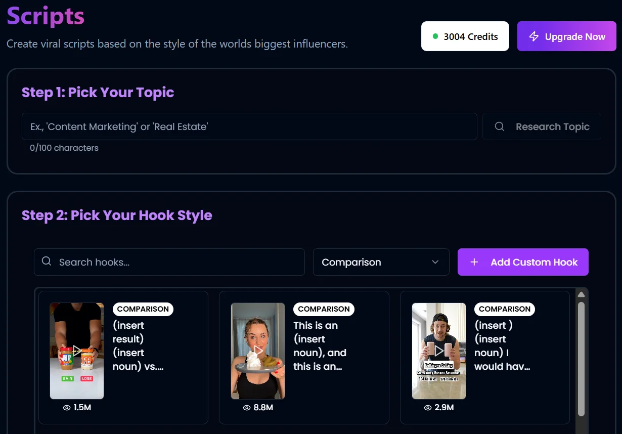 Scripts - Create viral scripts with proven hook templates from top influencers