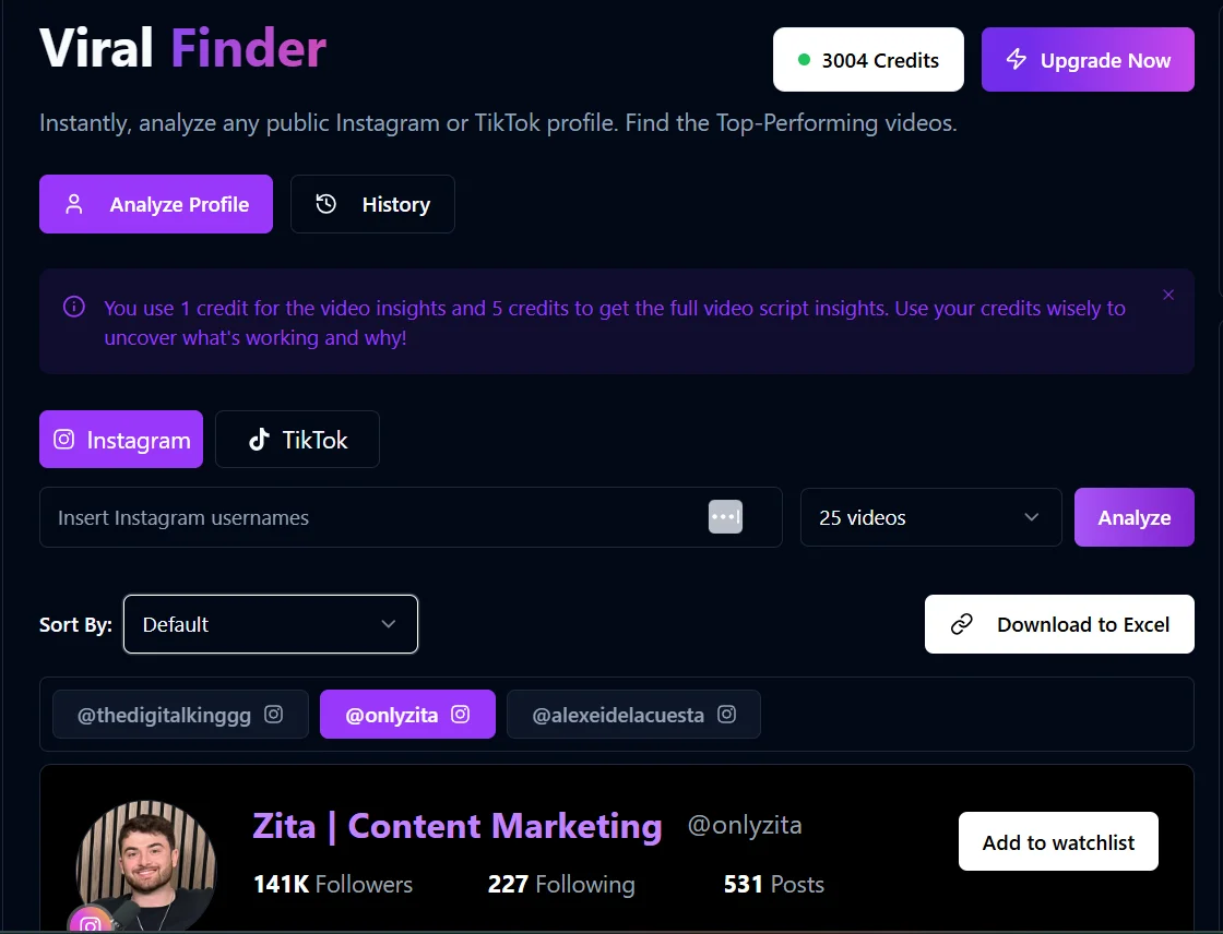 Viral Finder - Analyze Instagram and TikTok profiles like @onlyzita with 141K followers